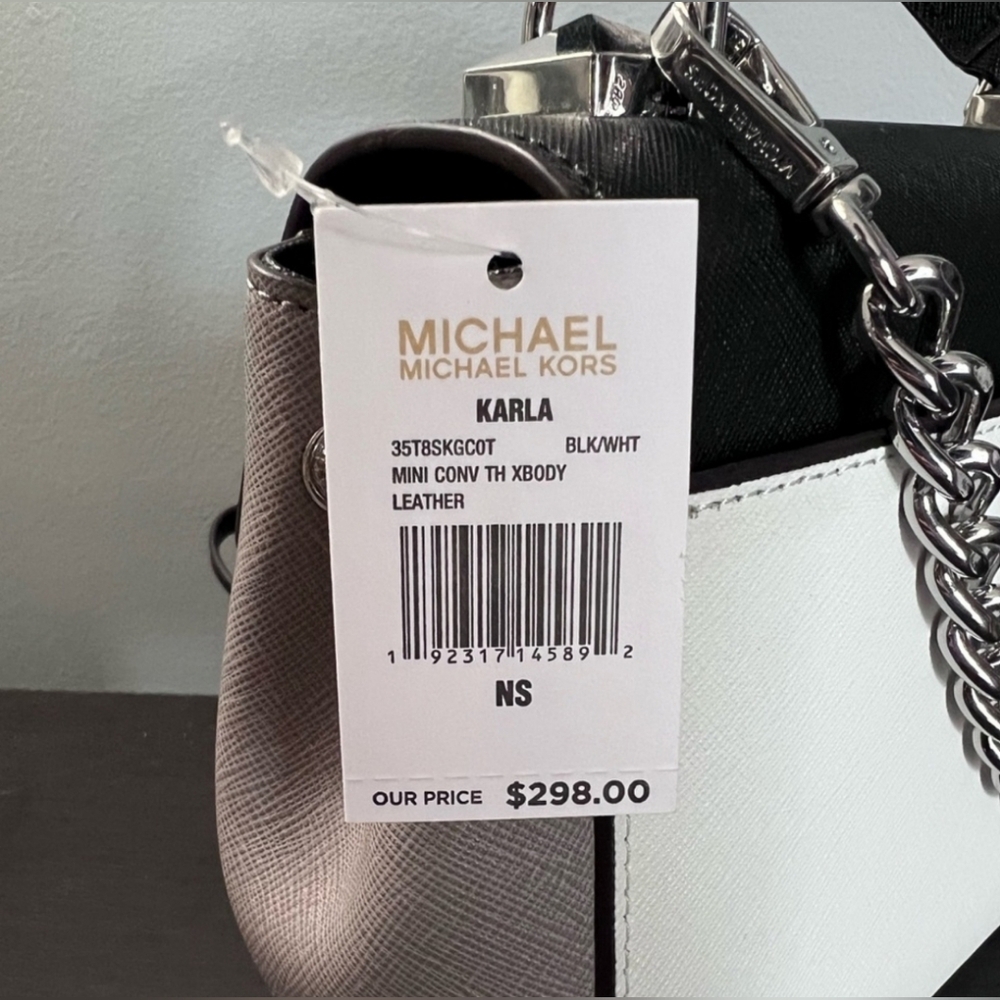 Michael Kors MK Karla Black Studded White Mini Convertible Crossbody Purse Bag - Picture 3 of 4